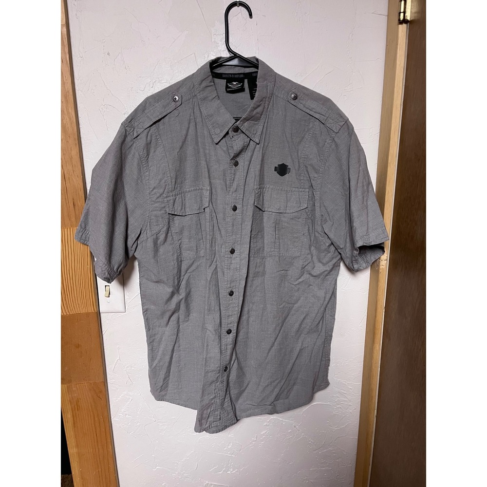 Harley Davidson Mens Gray Short‎ Sleeve Button Up Shirt Classic Logo XL